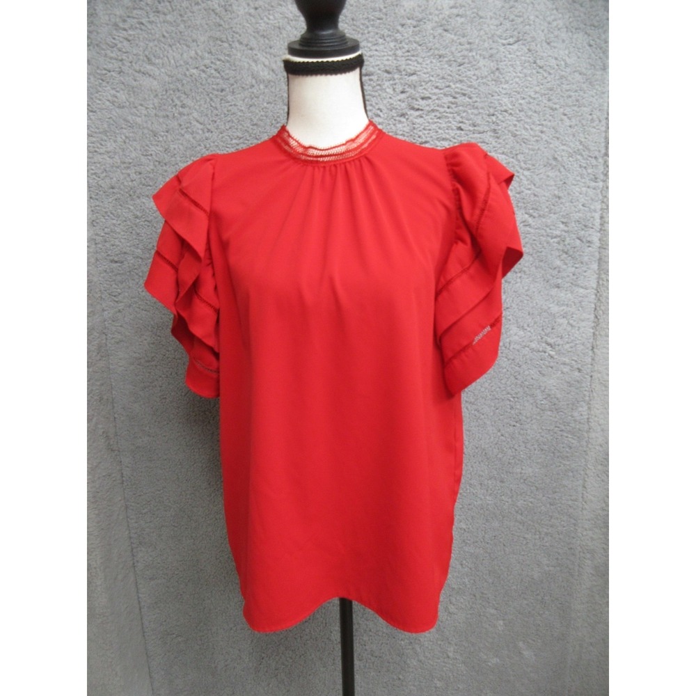 Strut & Bolt Ruffle Sleeve Shirt Women M Red Mock Neck Romantic Coquette Dressy